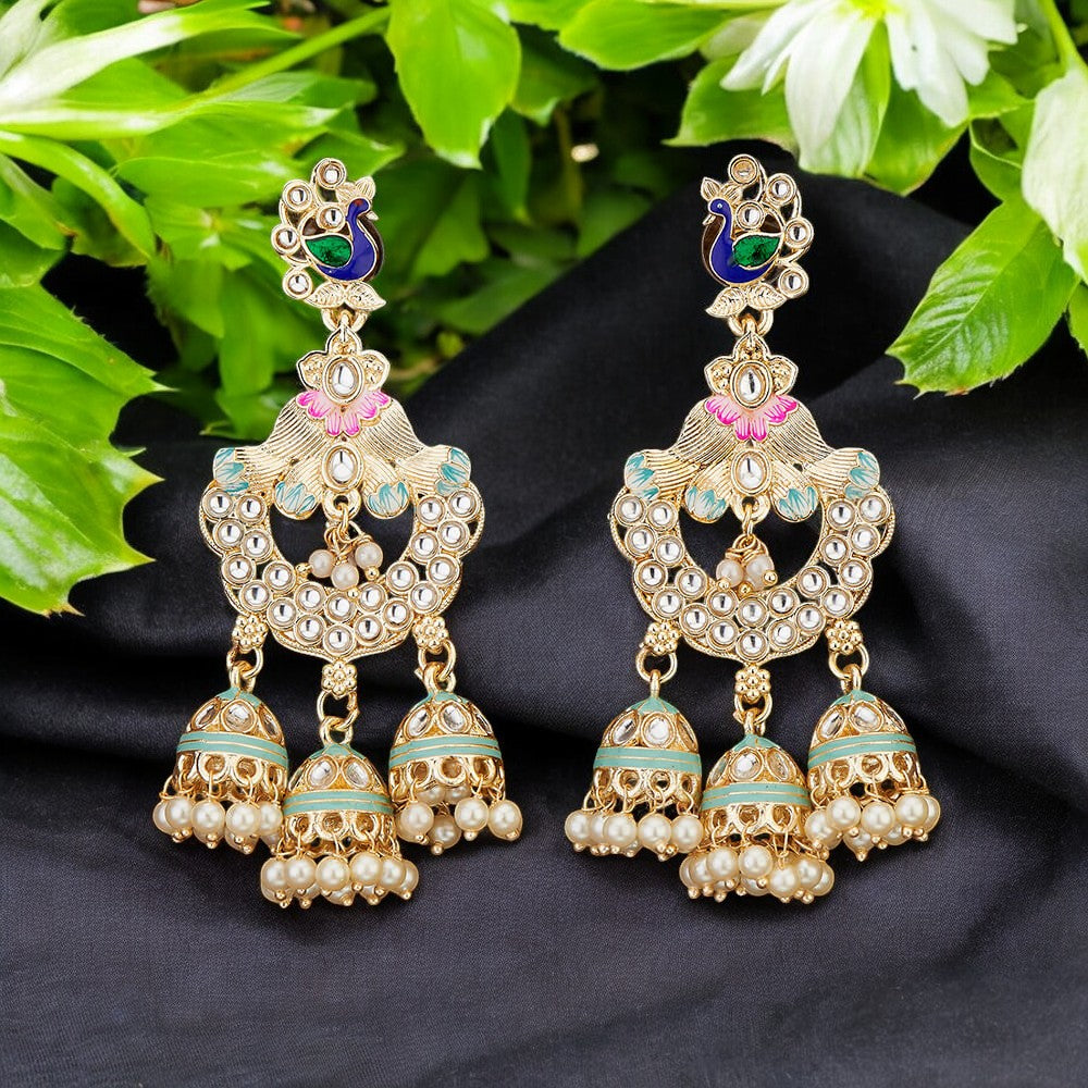Kundan earrings, Peacock earrings, Jhumkas, Indian meenakari earrings