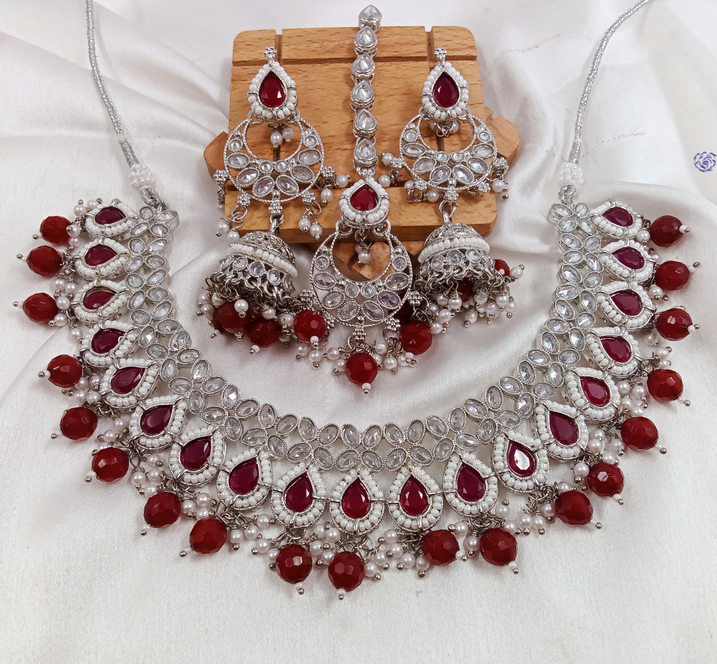 Ruby silver polki Necklace set