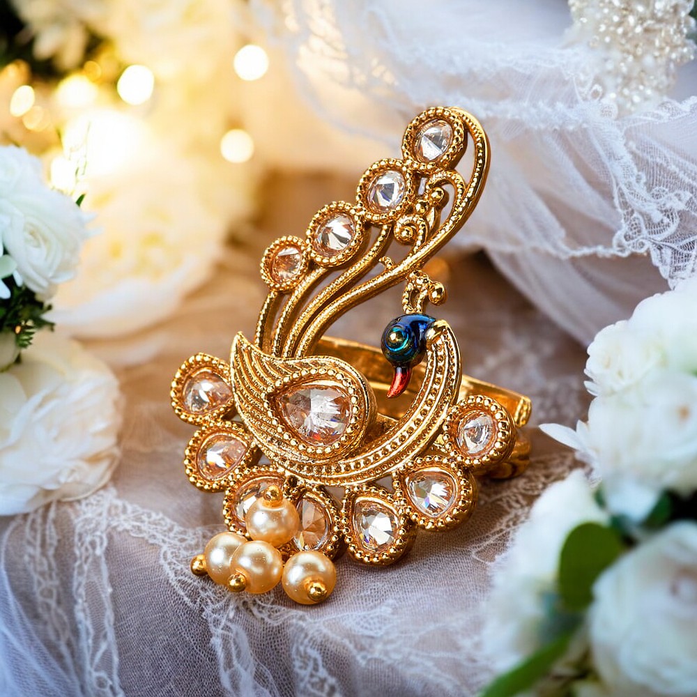 Polki peacock finger ring adjustable