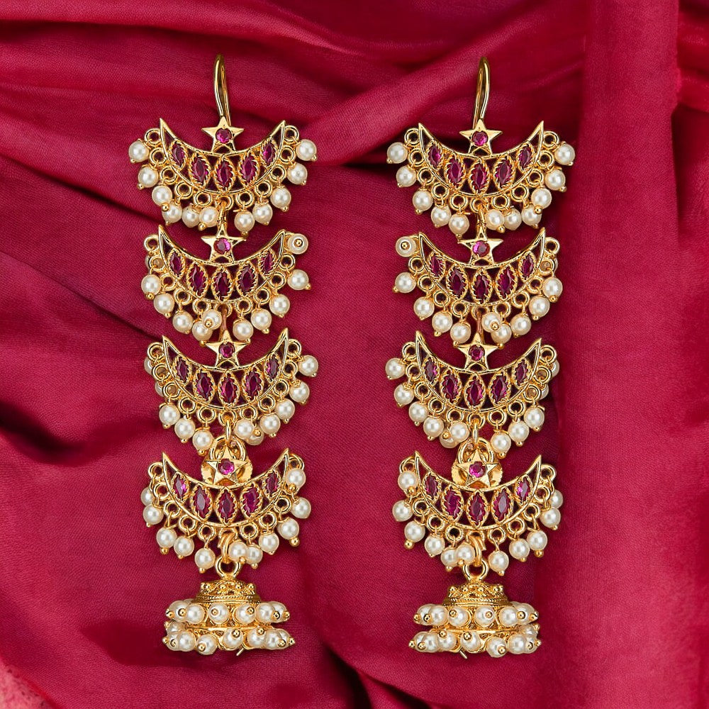Golden ruby Jhumka earrings.