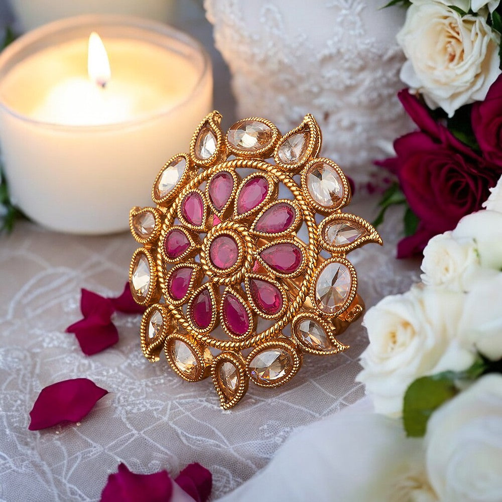 Golden ruby polki adjustable finger ring