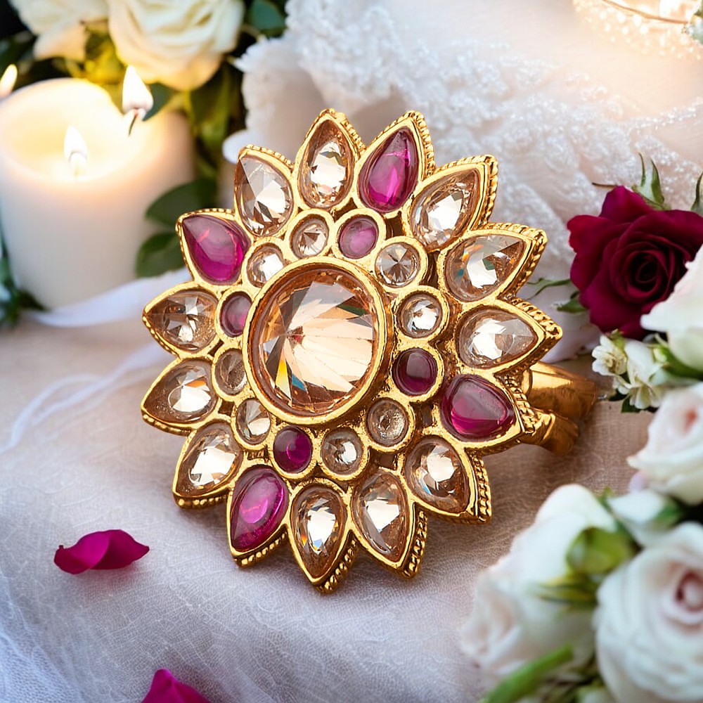 Golden ruby polki adjustable finger ring