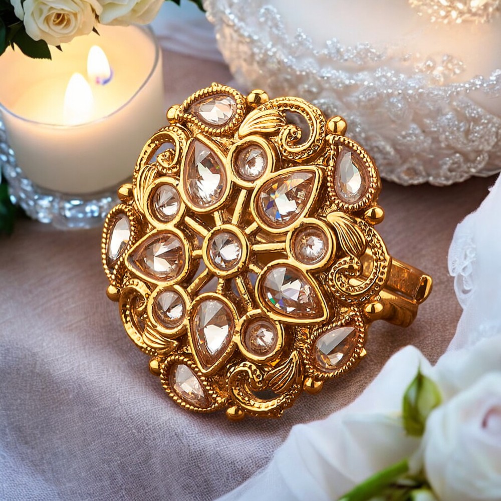 Golden polki adjustable finger ring