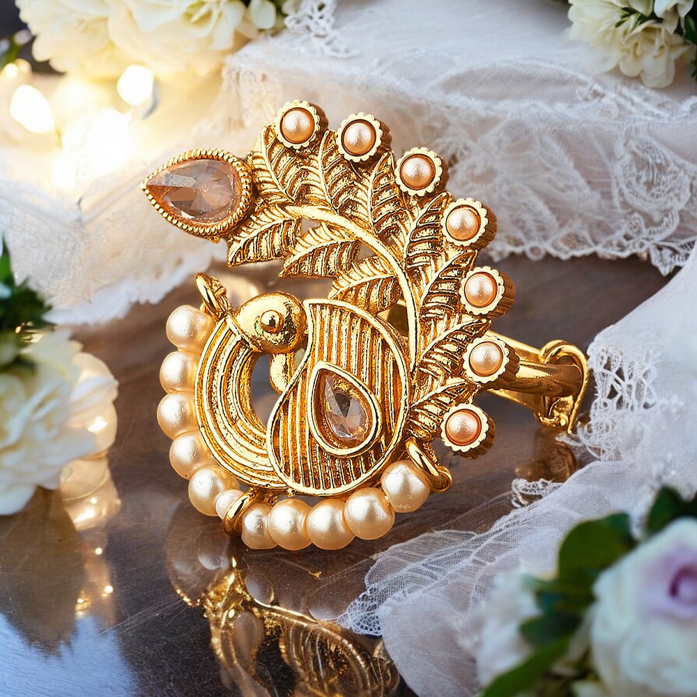 Golden peacock adjustable finger ring
