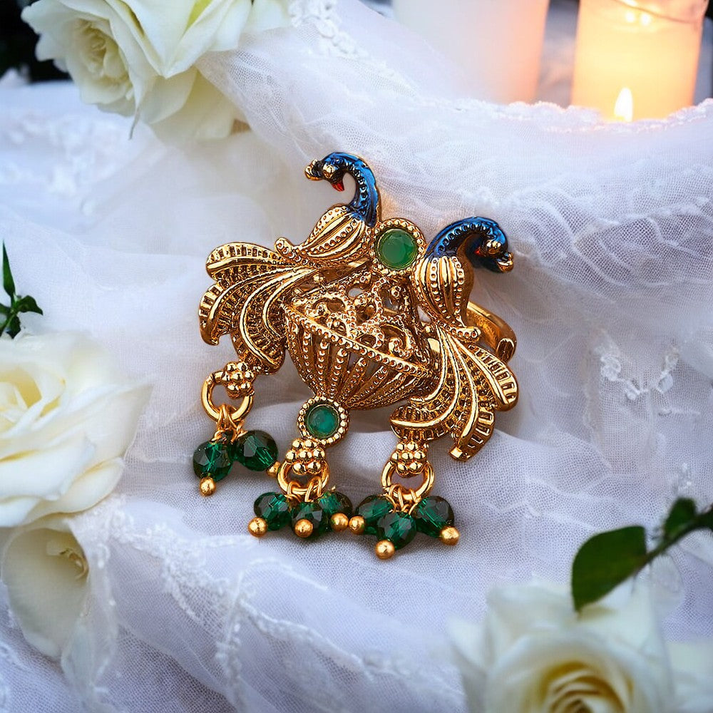 Golden peacock adjustable finger ring