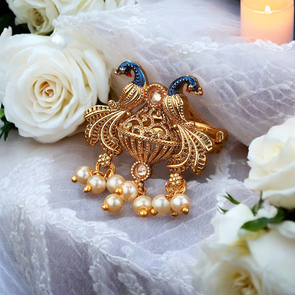 Golden peacock adjustable finger ring