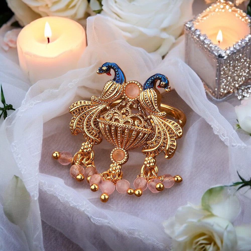 Golden peacock adjustable finger ring
