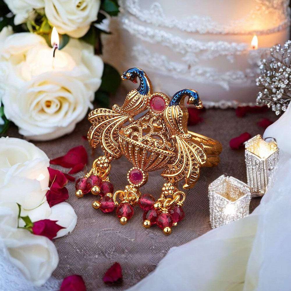 Golden peacock adjustable finger ring