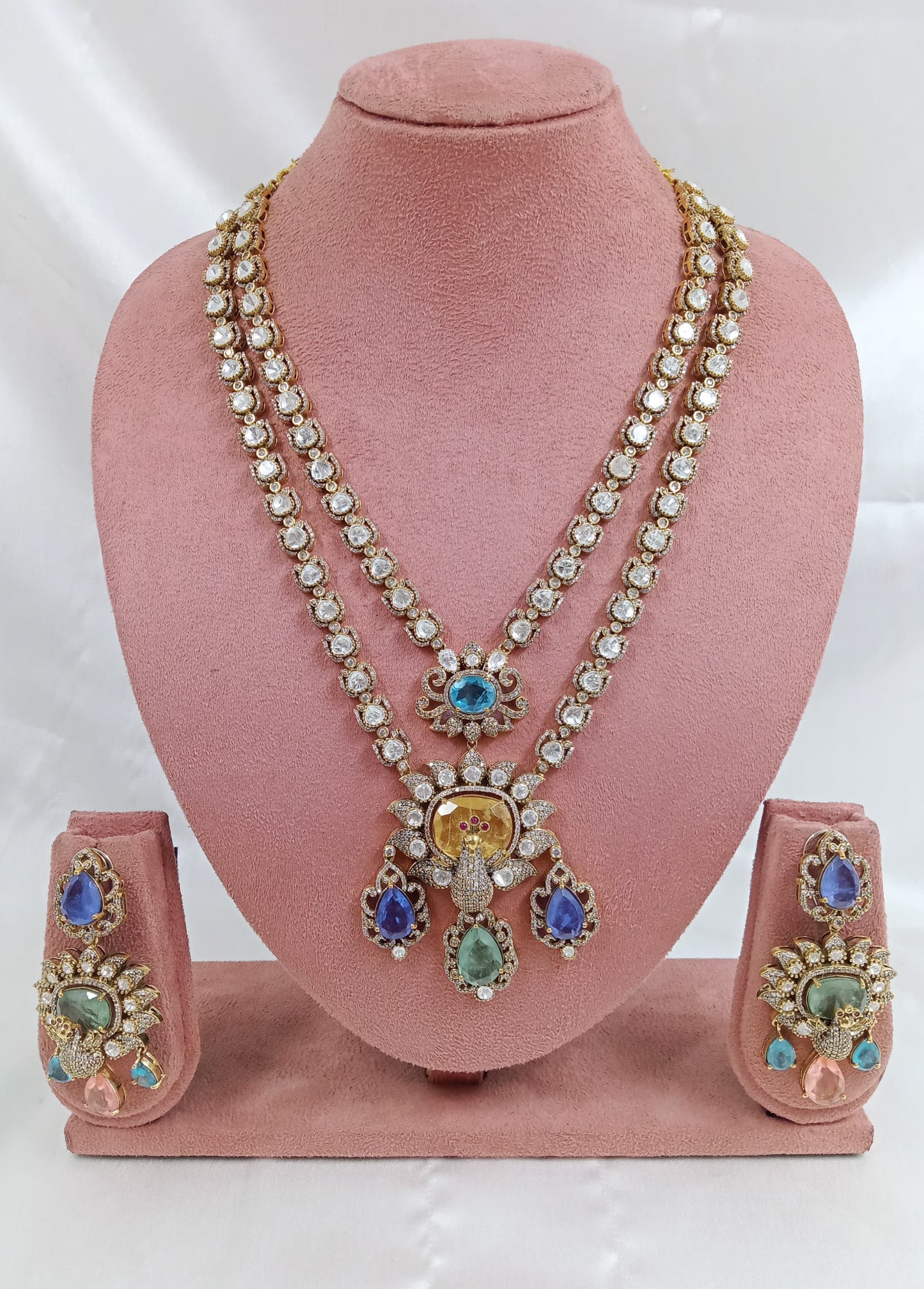 Moissanite and Doublet long peacock Necklace set