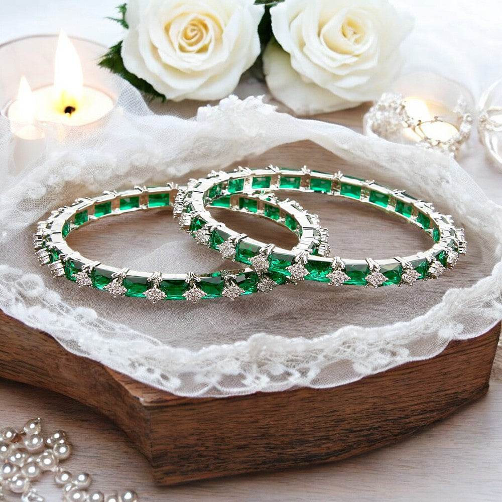 AD emerald green bangles, silver Indian bangles, Bridal Bangles