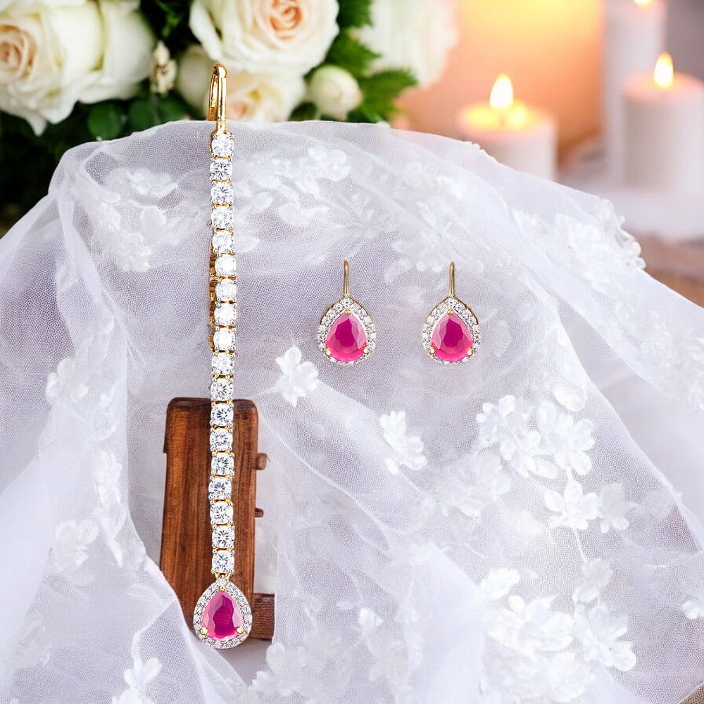 American Diamond studded Maang tikka jhumka set