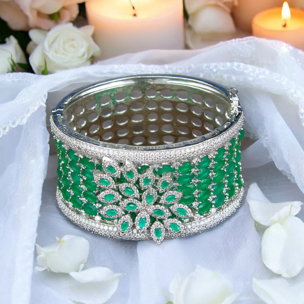 Bangles American diamond, white rhodium plated, Emerald Indian bangles, bracelets, classic kadas, bridal bangles.