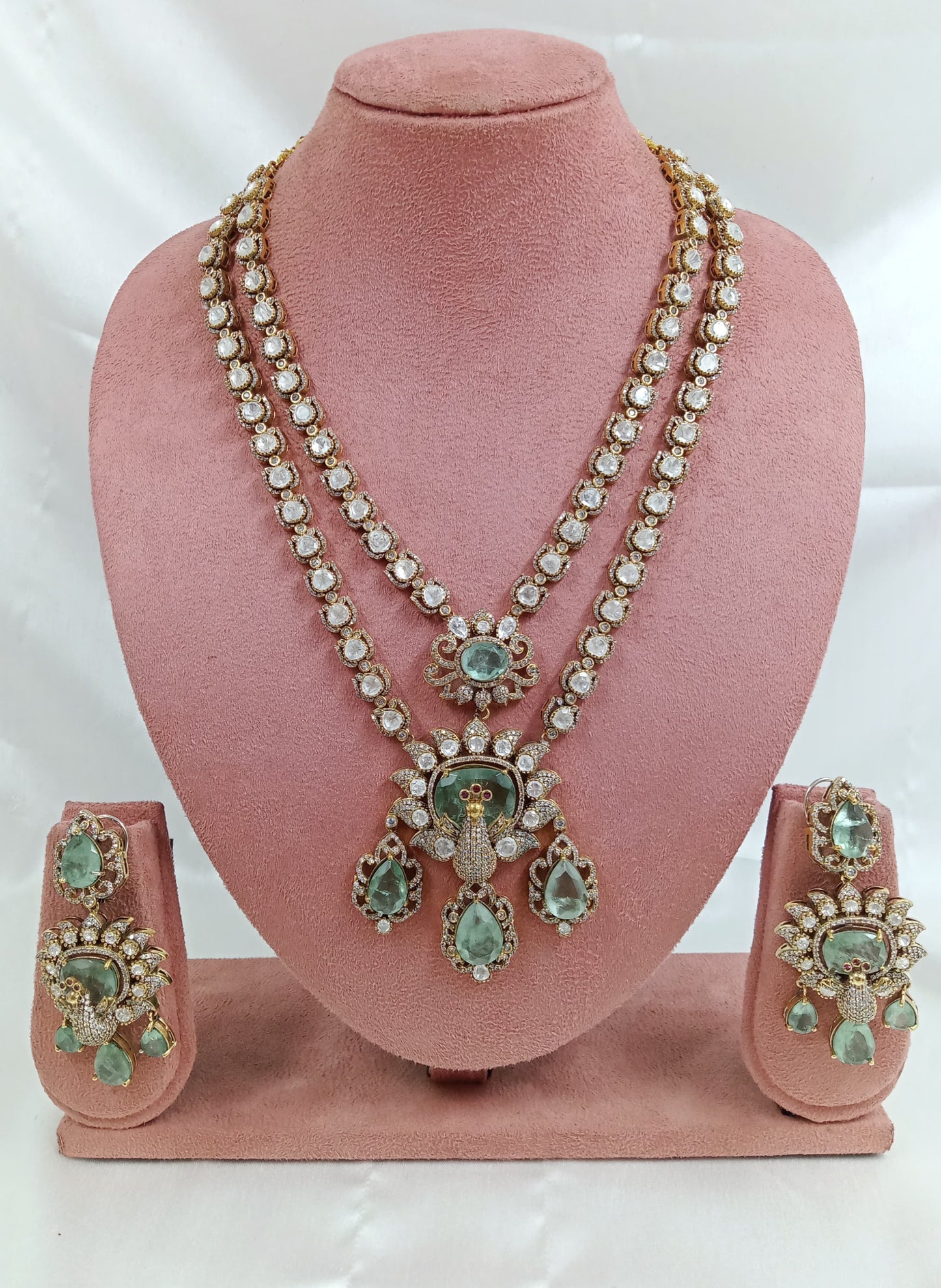 Moissanite and Doublet long peacock Necklace set