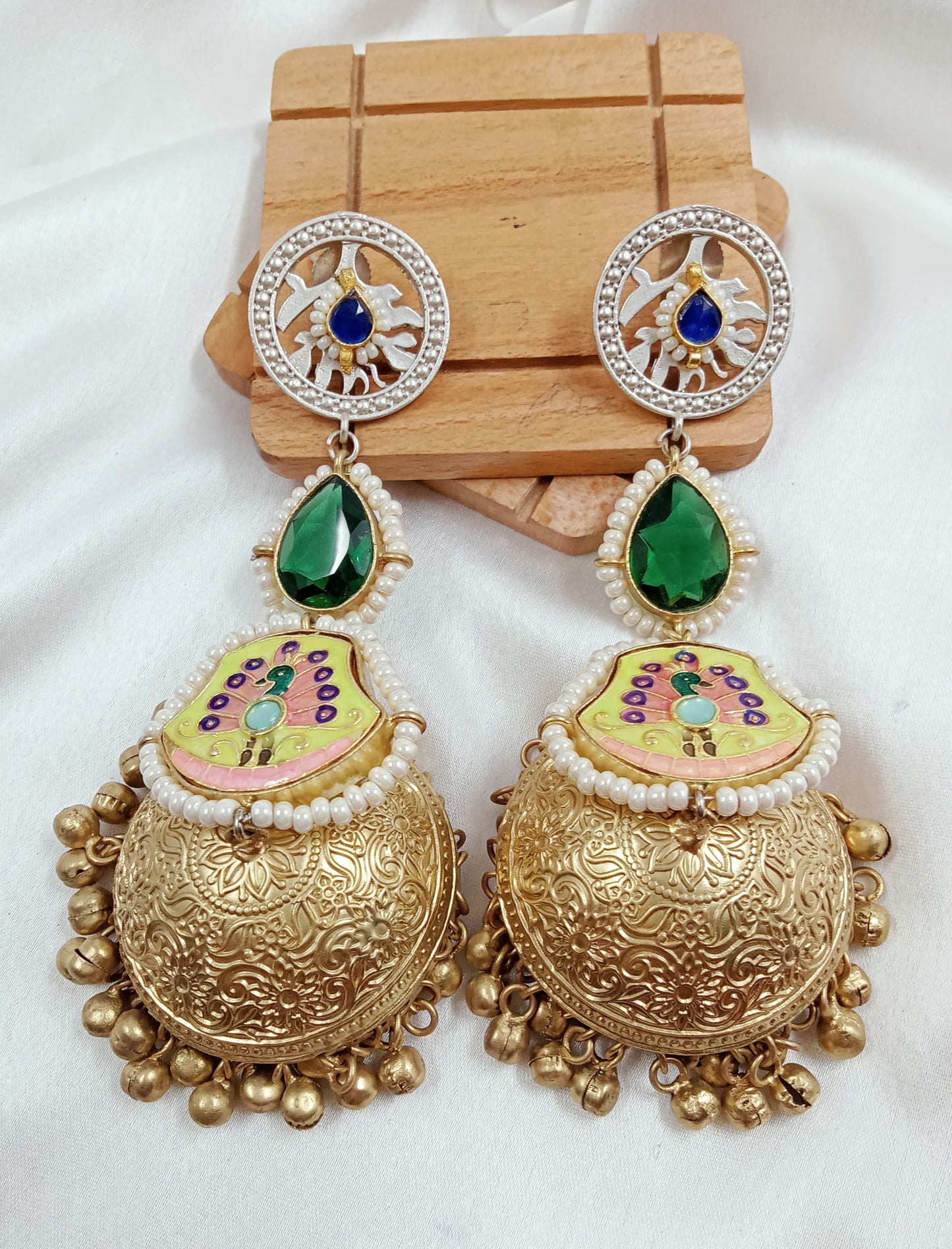 Meenakari, studded, dual tone oxidized fusion jhumkas
