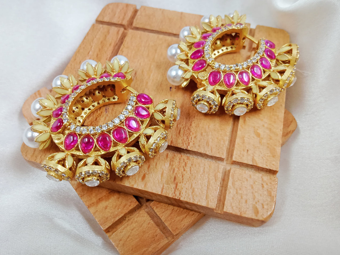 Uncut Kundan, pearl, AD hoop earrings