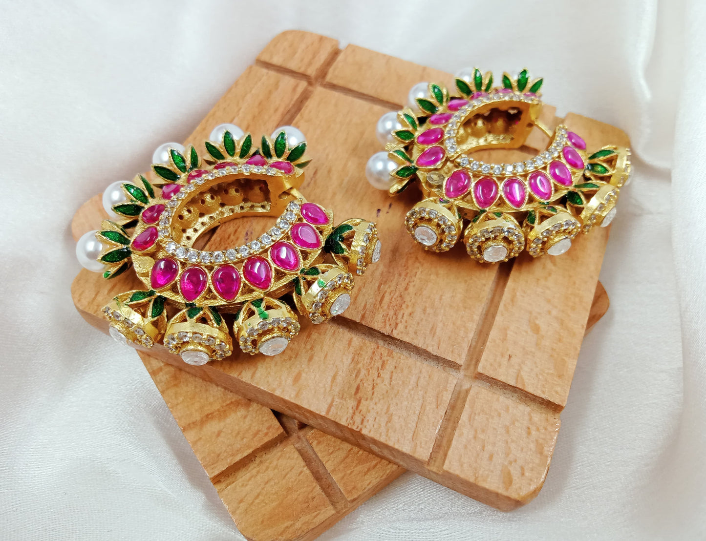 Uncut Kundan, pearl, AD hoop earrings