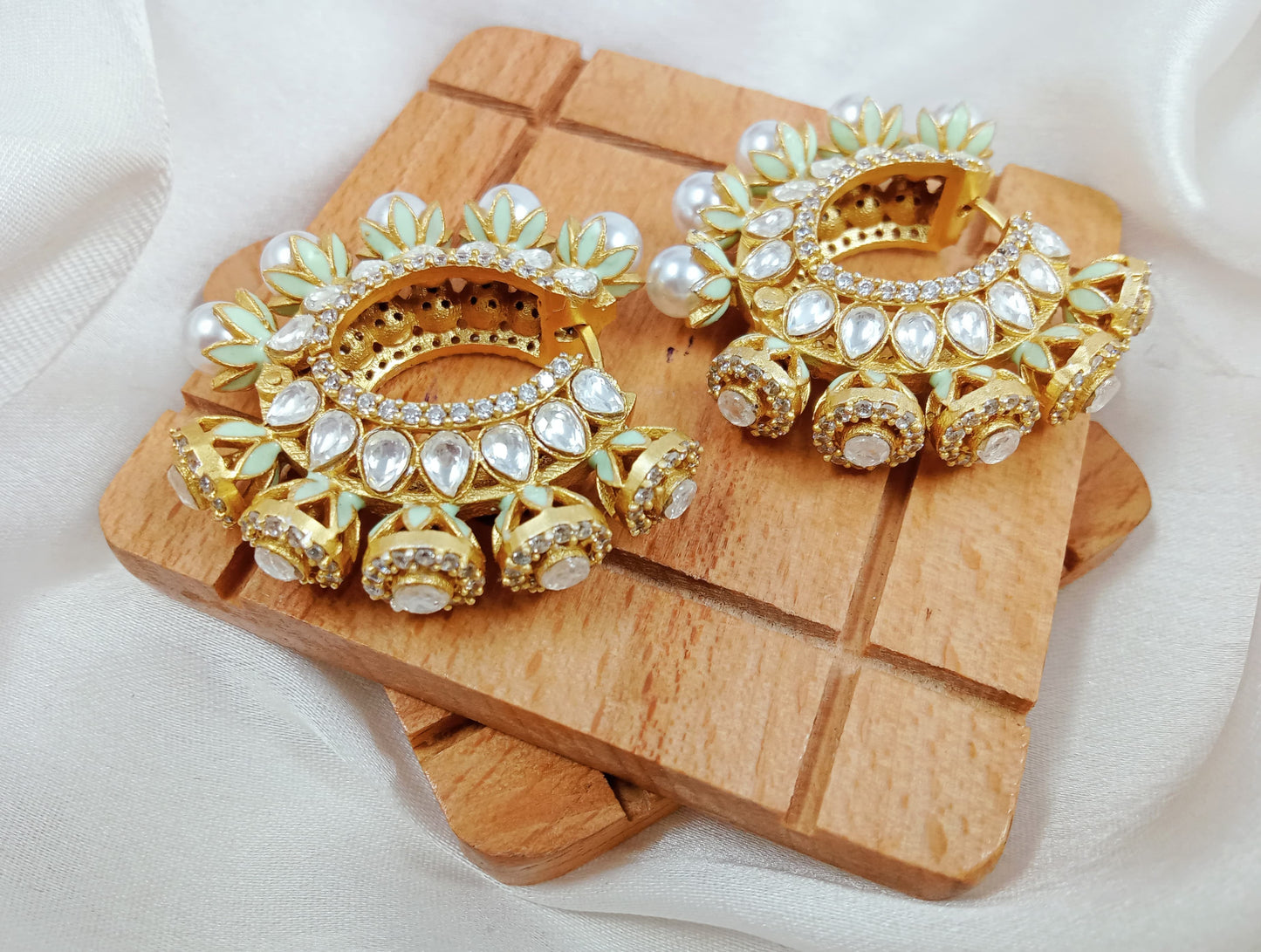 Uncut Kundan, pearl, AD hoop earrings
