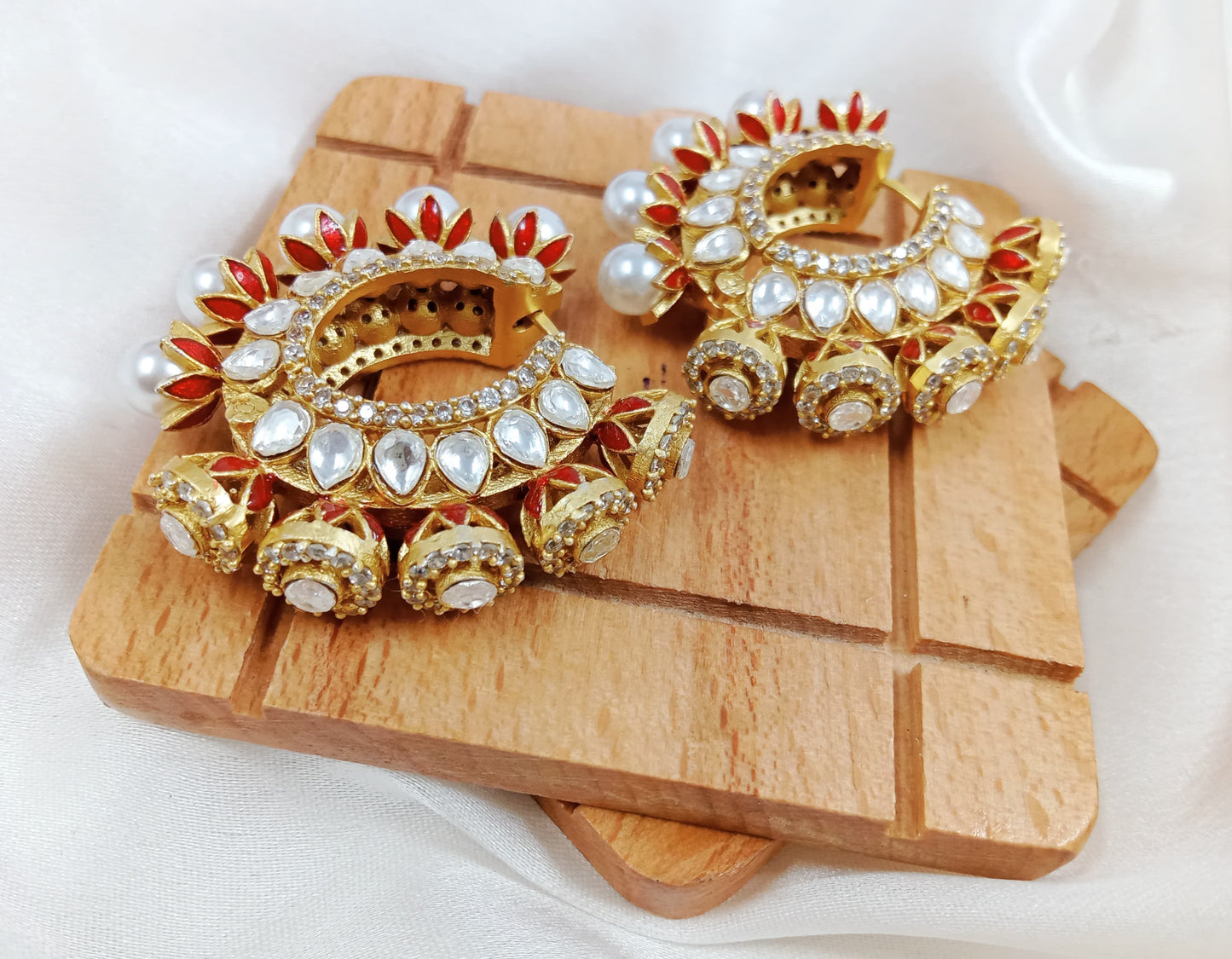 Uncut Kundan, pearl, AD hoop earrings