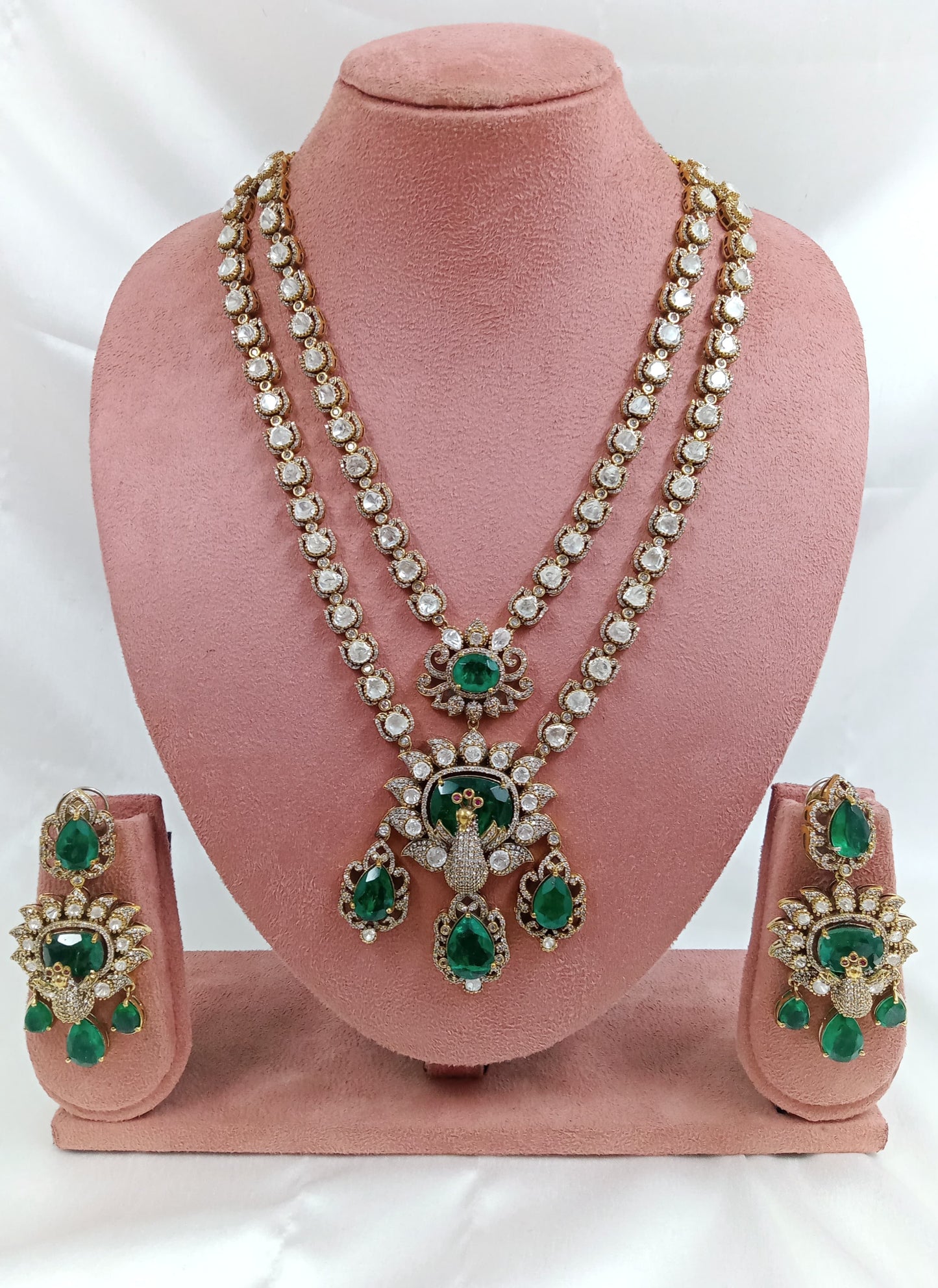 Moissanite and Doublet long peacock Necklace set