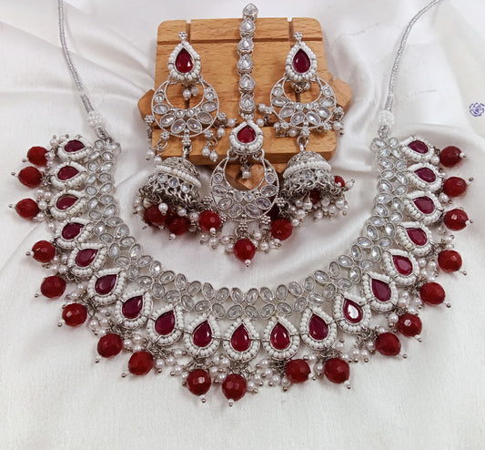 Ruby silver polki Necklace set