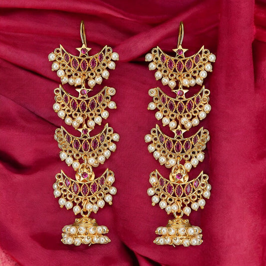 Golden ruby Jhumka earrings.