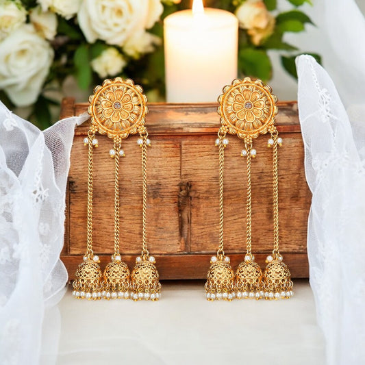Golden Jhumka earrings.