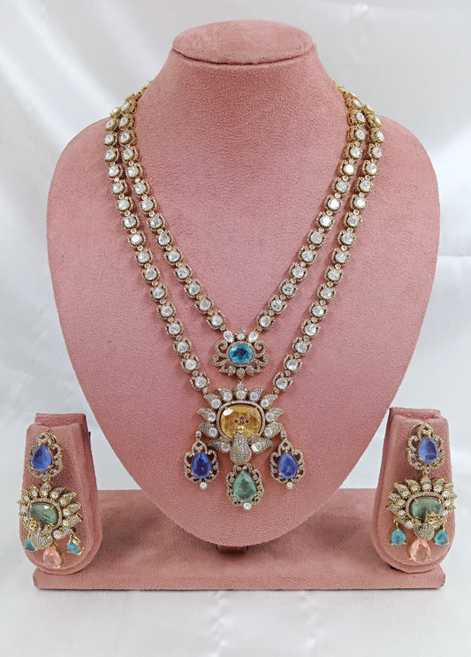 Moissanite and Doublet long peacock Necklace set