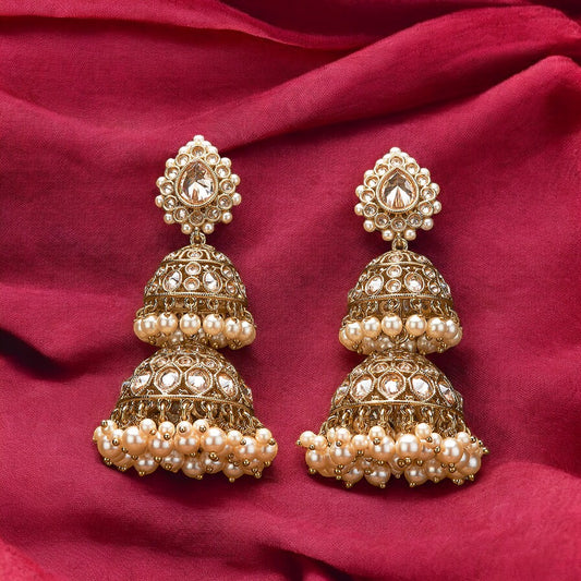 Polki and pearl gold jhumka earrings