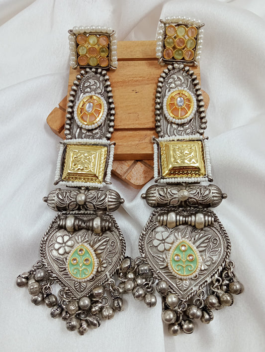 Kundan, ghungroo, long fusion dual tone earrings
