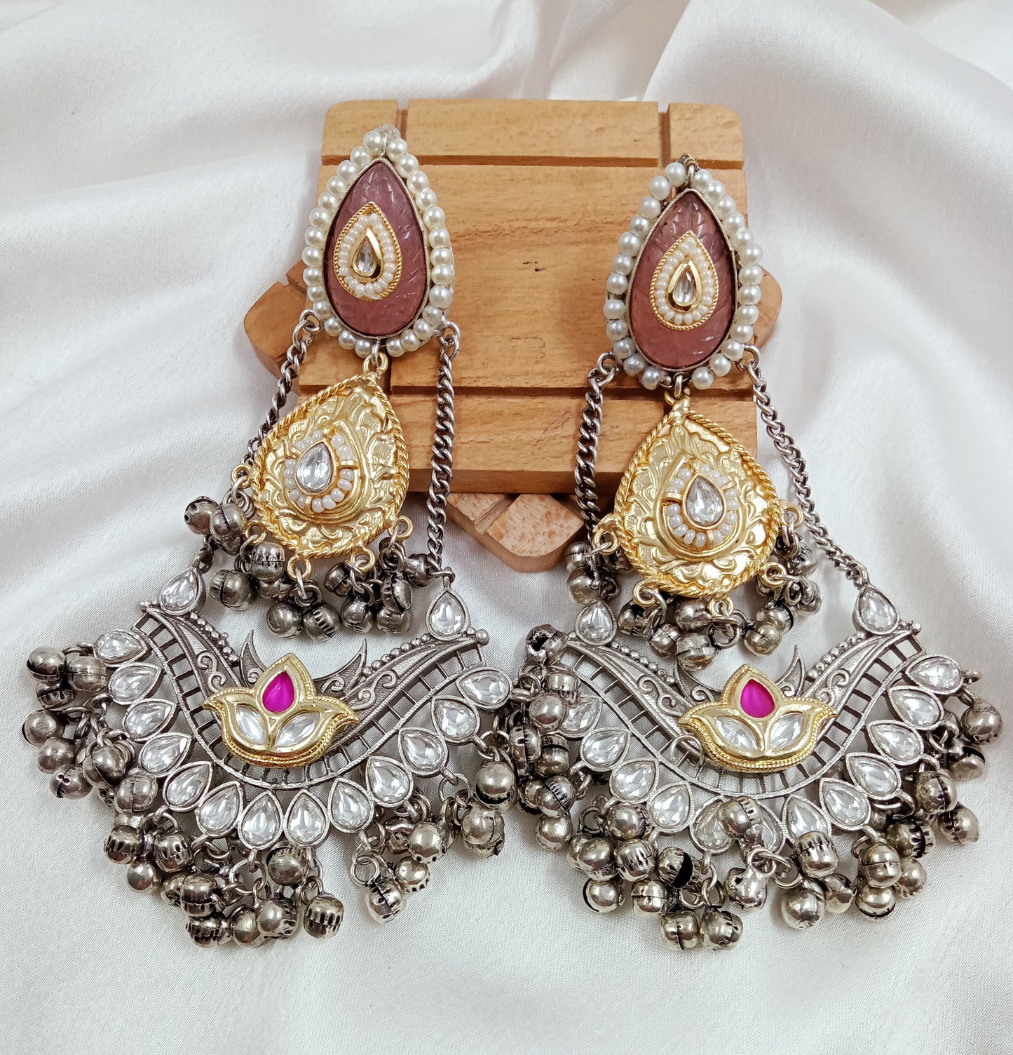 Kundan, ghungroo, dual tone fusion chain earrings
