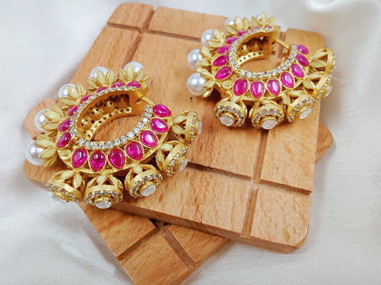 Uncut Kundan, pearl, AD hoop earrings